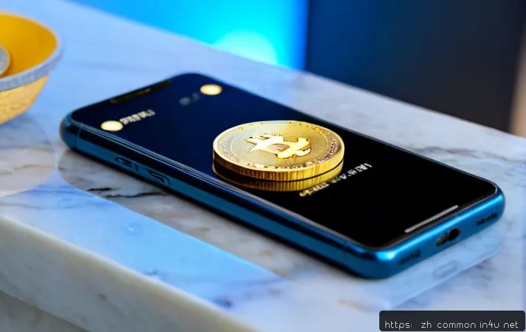 디지털 화폐 - Photorealistic close-up of a secure digital currency payment scene, a modern smartphone displaying a...