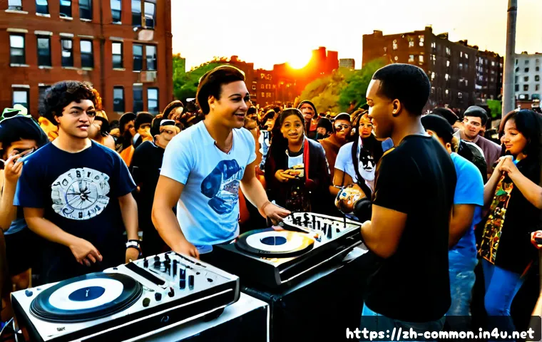 힙합 역사 - Photorealistic 1970s Bronx neighborhood block party at sunset, pioneering hip-hop DJ in casual stree...