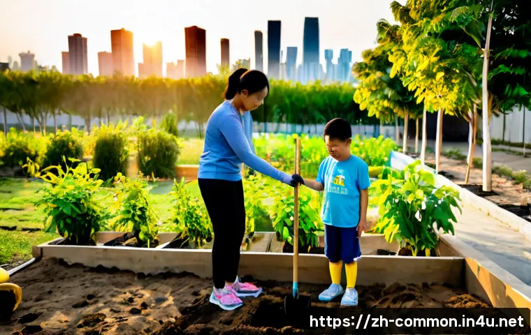 지구 환경 보호 - Photorealistic sunrise scene of a diverse family planting young native trees in a clean urban commun...