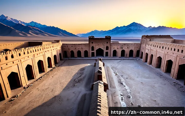 중앙 아시아의 역사 - Photorealistic archaeological view of an ancient Silk Road caravanserai in Central Asia at sunrise, ...